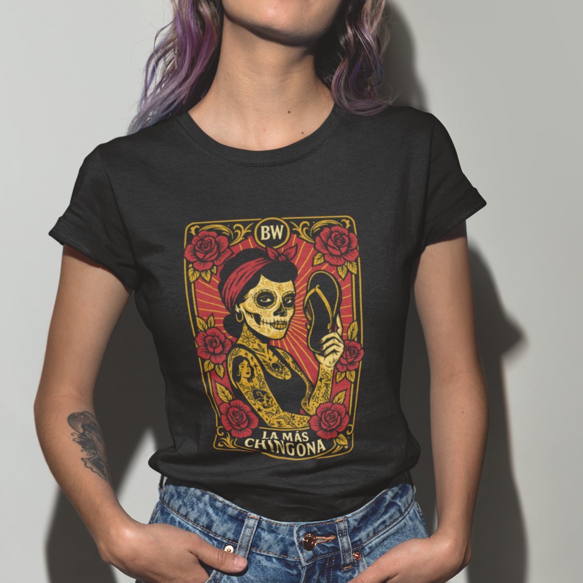 La Más Chingona Shirt Spanglish Latina Skeleton Tee con Chancla Día de los Muertos Chingona Vibes