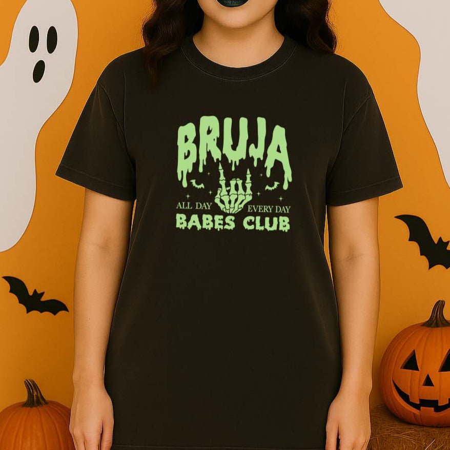 Bruja Babes Club Glow in the Dark T-Shirt | Latina Witch Halloween Tee - Stonk Shark Co.