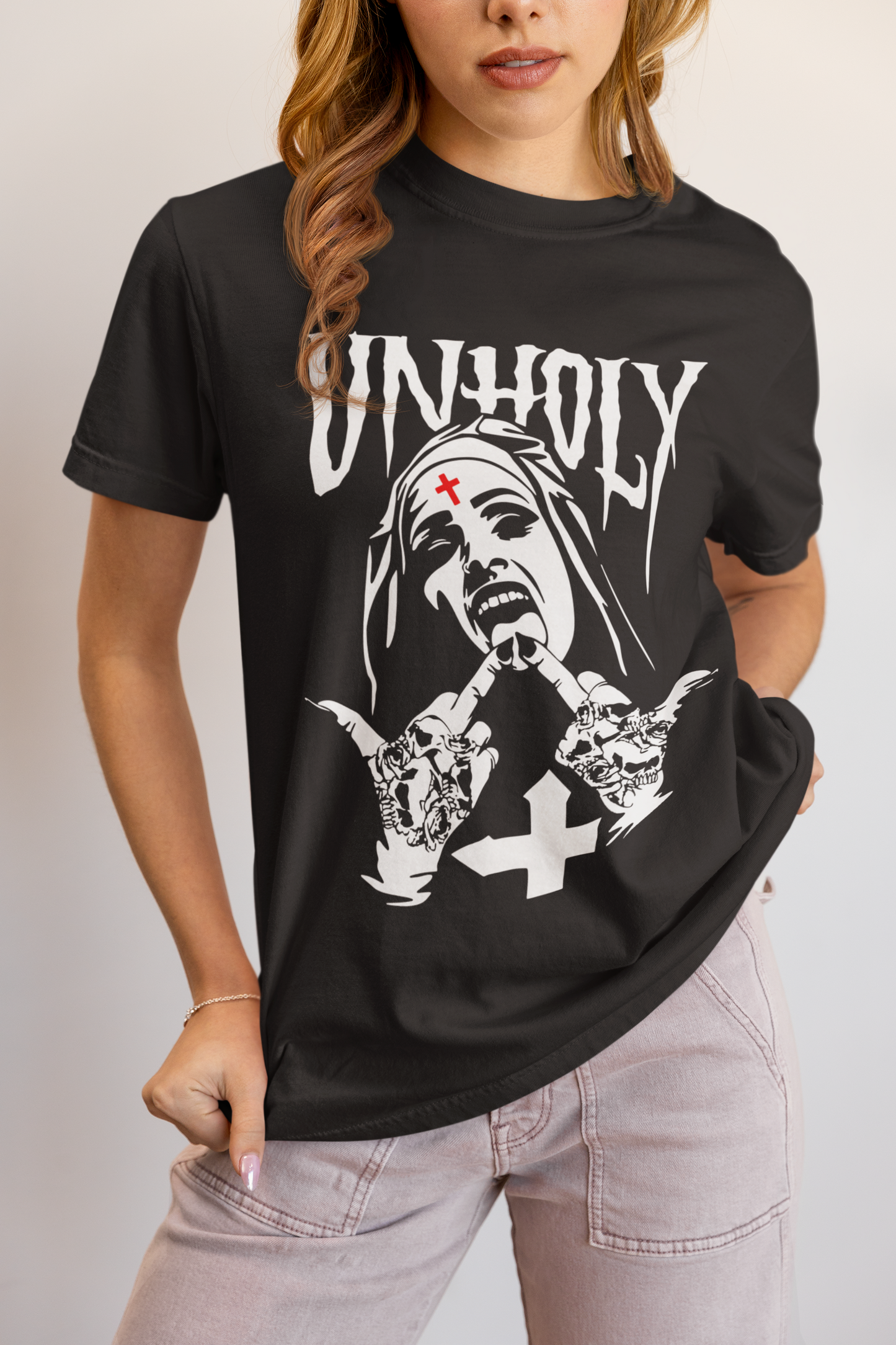 Unholy Darkness Nun Graphic Tee – Dark Gothic Streetwear Shirt