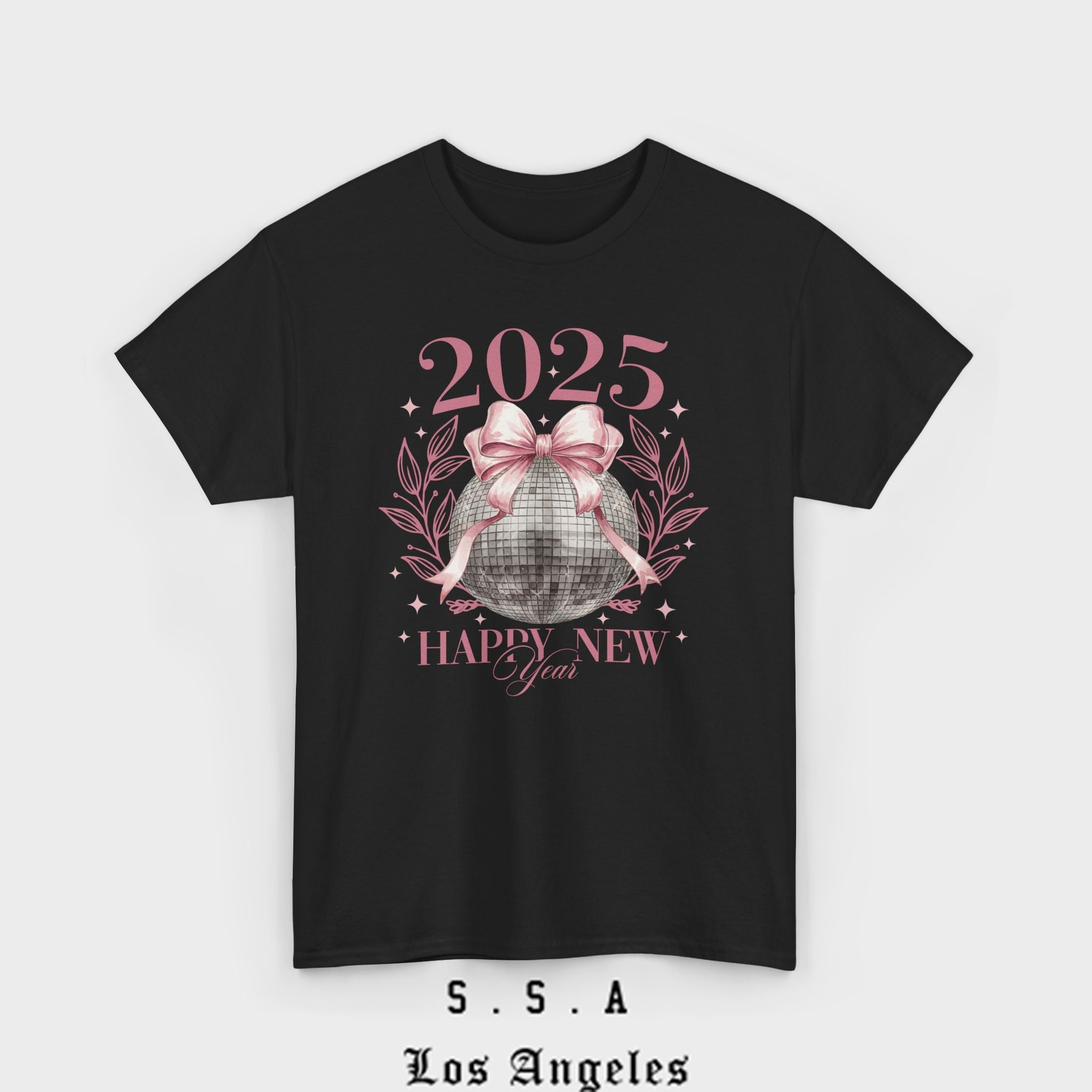 2025 Happy New Year T-Shirt – Festive Disco Ball Bow Design Tee - Stonk Shark Co.