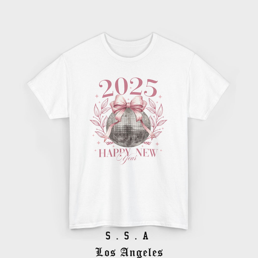 2025 Happy New Year T-Shirt – Festive Disco Ball Bow Design Tee - Stonk Shark Co.