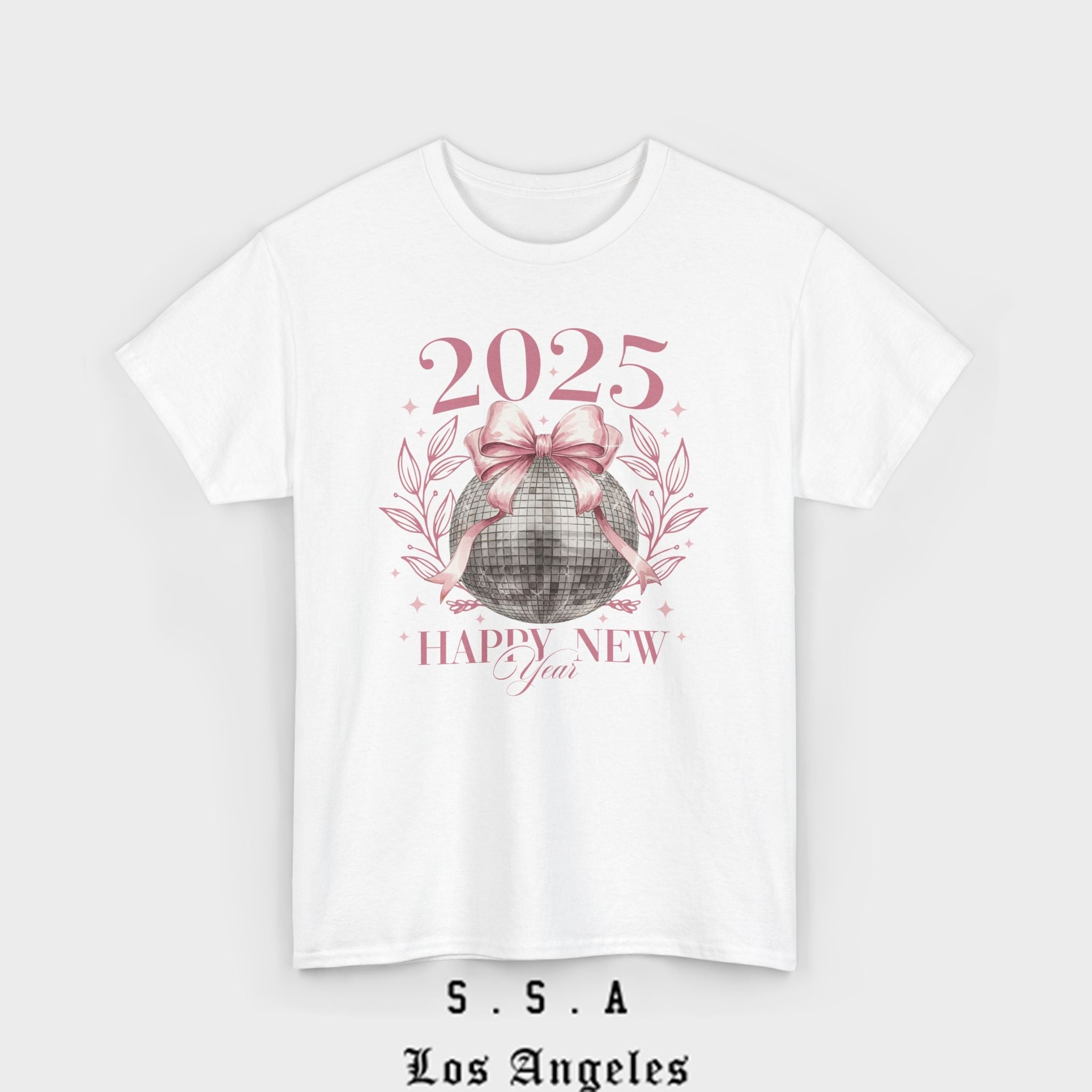 2025 Happy New Year T-Shirt – Festive Disco Ball Bow Design Tee - Stonk Shark Co.