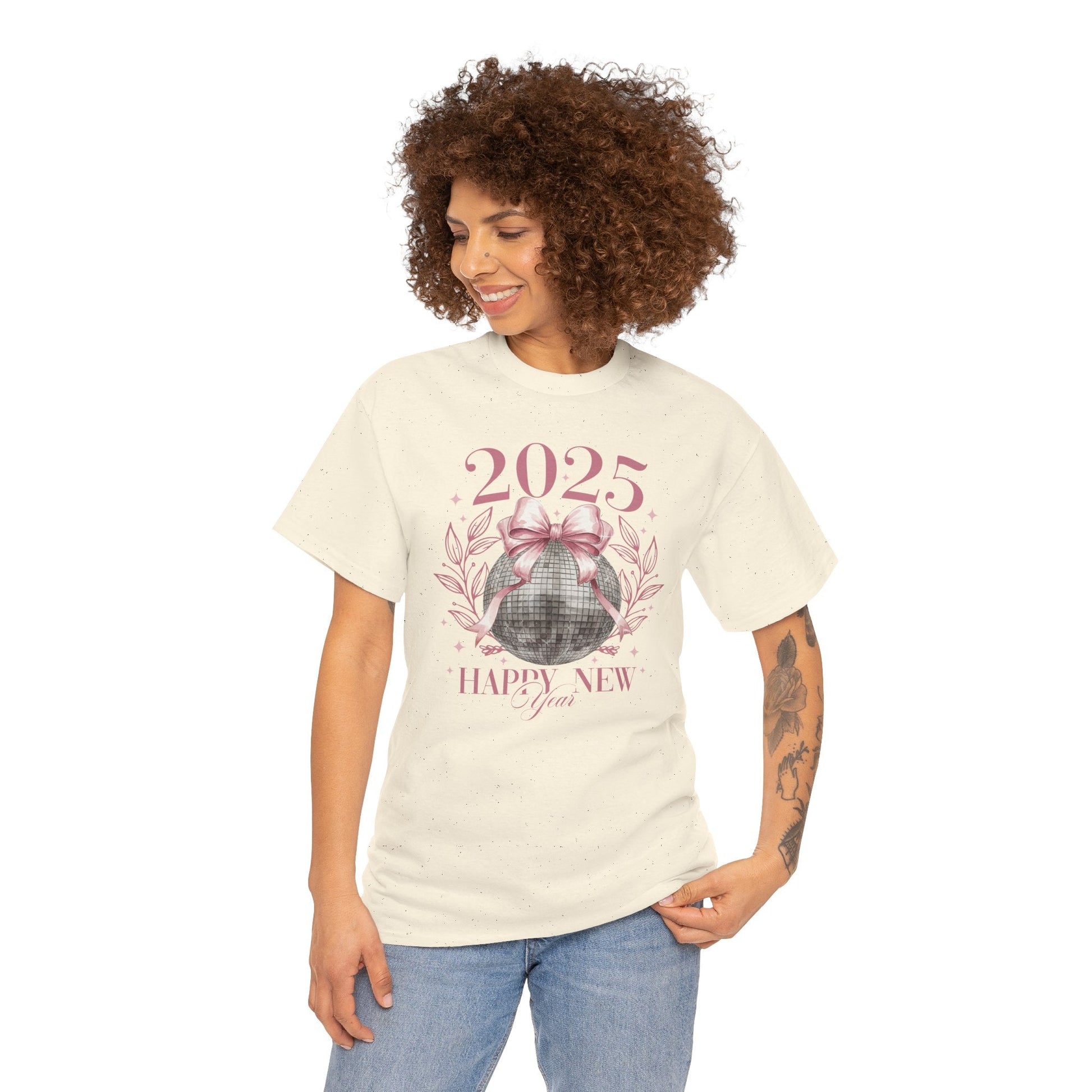 2025 Happy New Year T-Shirt – Festive Disco Ball Bow Design Tee - Stonk Shark Co.