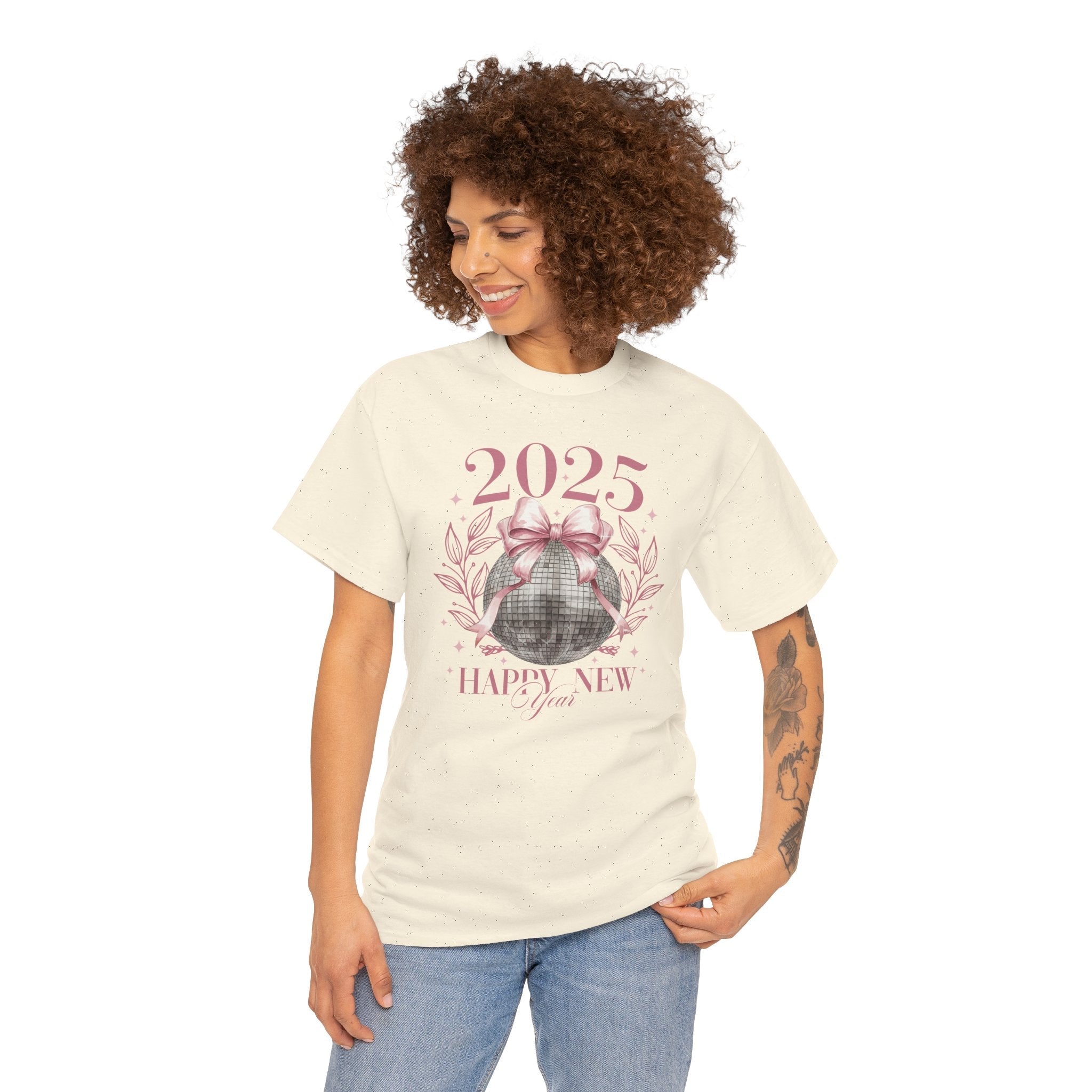 2025 Happy New Year T-Shirt – Festive Disco Ball Bow Design Tee - Stonk Shark Co.