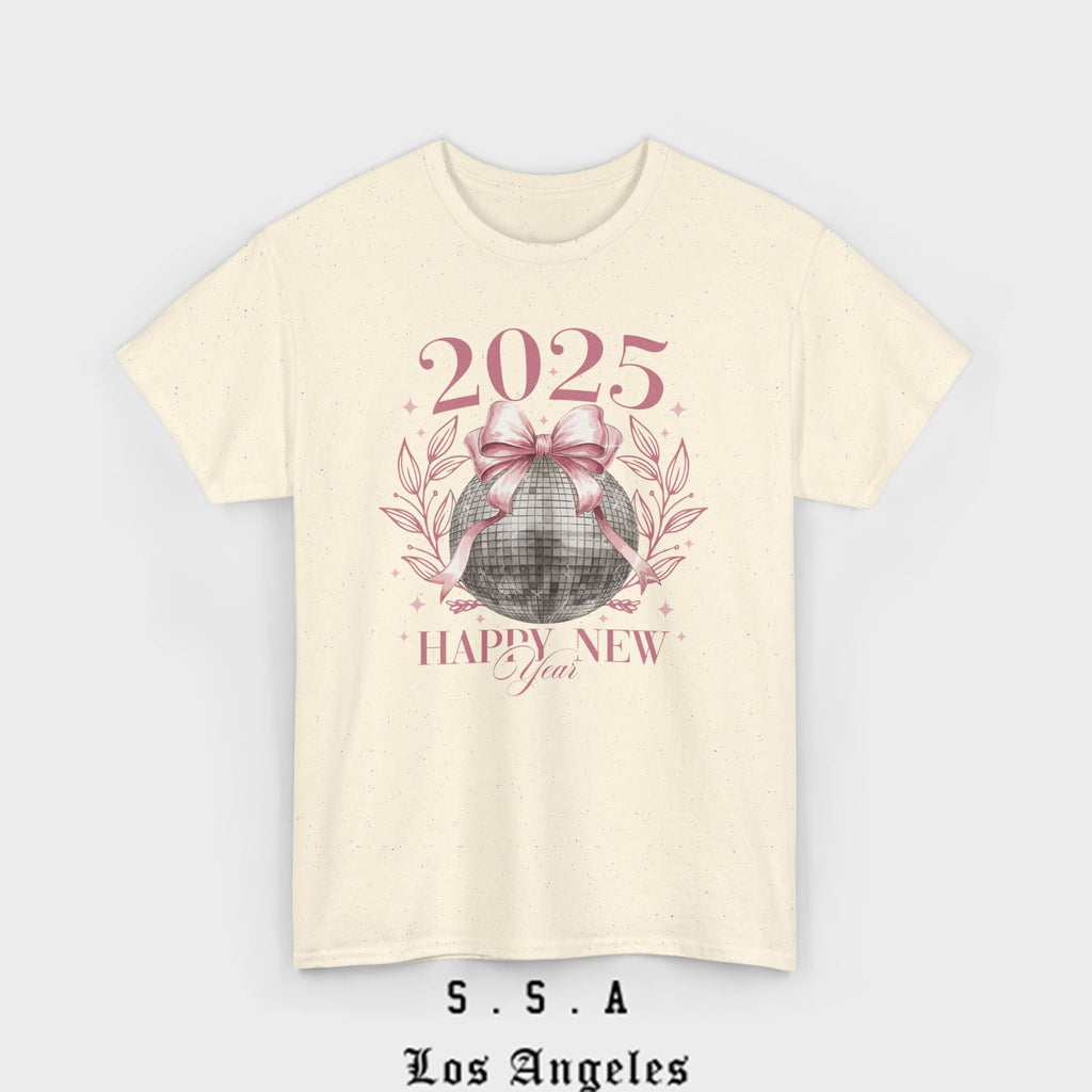 2025 Happy New Year T-Shirt – Festive Disco Ball Bow Design Tee - Stonk Shark Co.