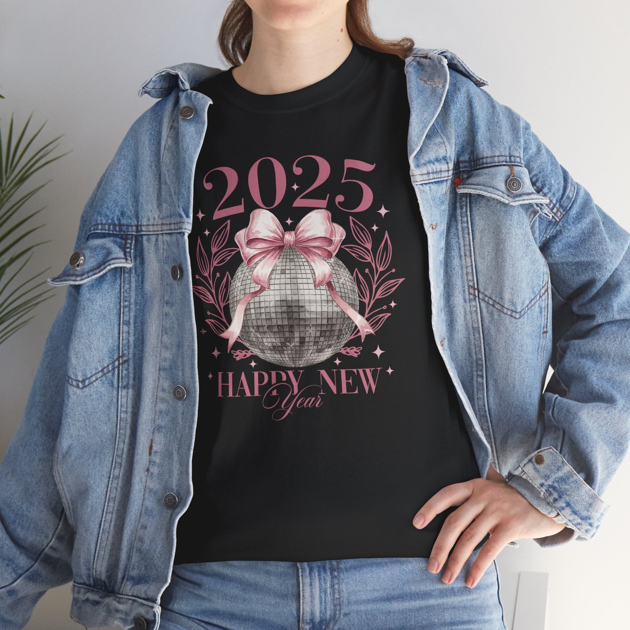 2025 Happy New Year T-Shirt – Festive Disco Ball Bow Design Tee - Stonk Shark Co.