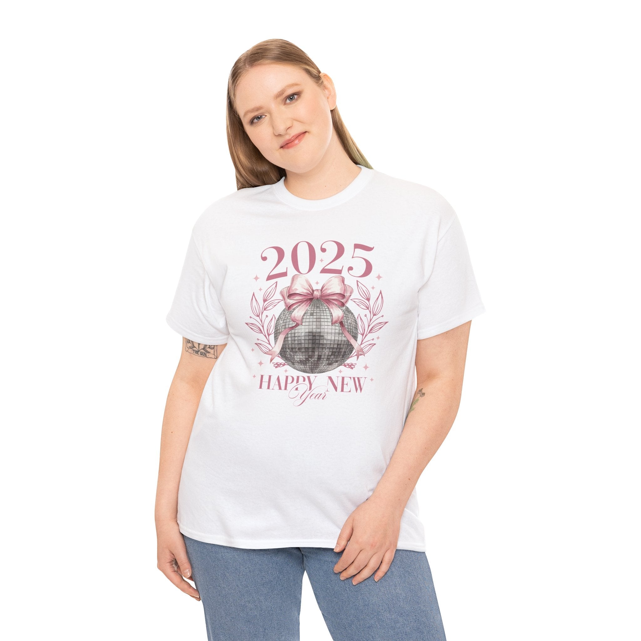 2025 Happy New Year T-Shirt – Festive Disco Ball Bow Design Tee - Stonk Shark Co.