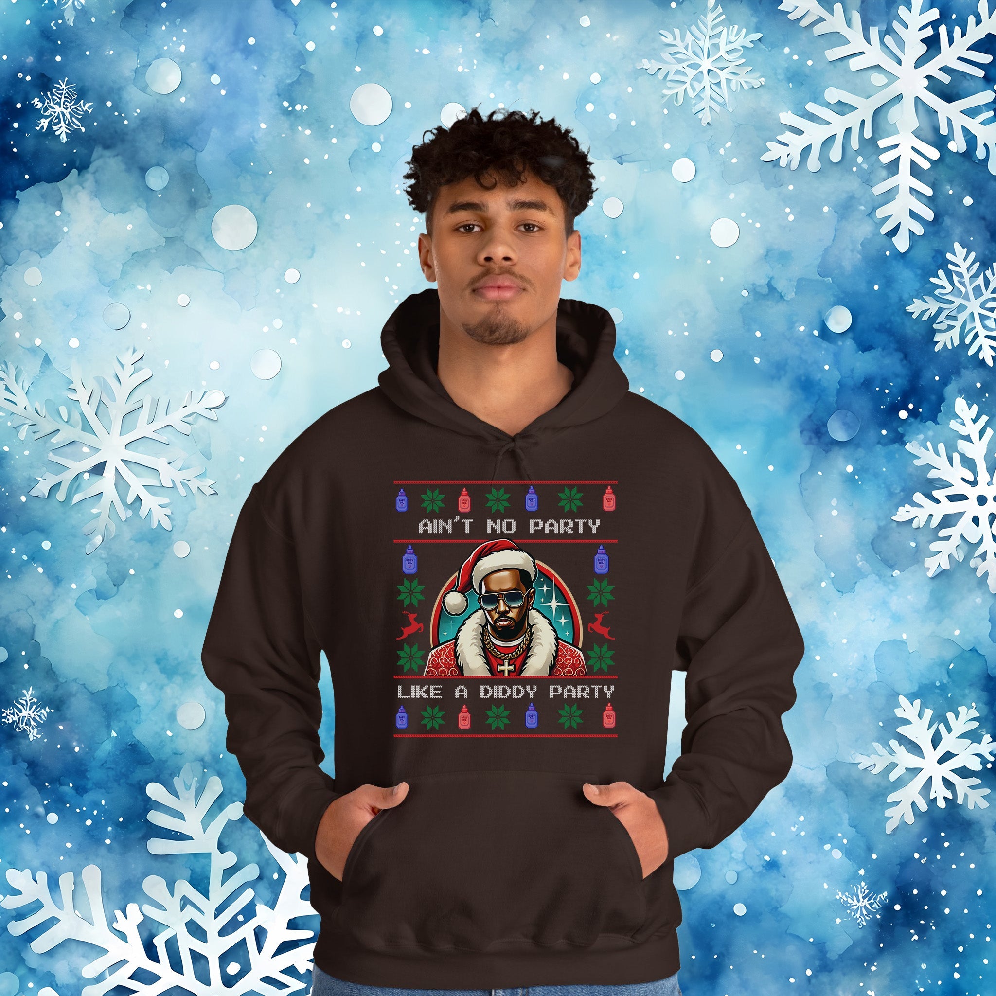 Ain’t No Party Like a Diddy Party Ugly Christmas Hoodie – Funny Holiday Hip - Hop Meme Hooded Sweatshirt - Stonk Shark Co.
