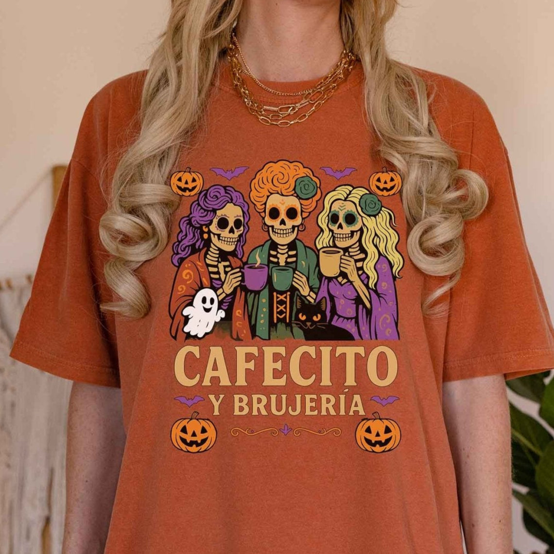Cafecito y Brujería Halloween Shirt – Spooky Latina Witch Tee - Stonk Shark Co.