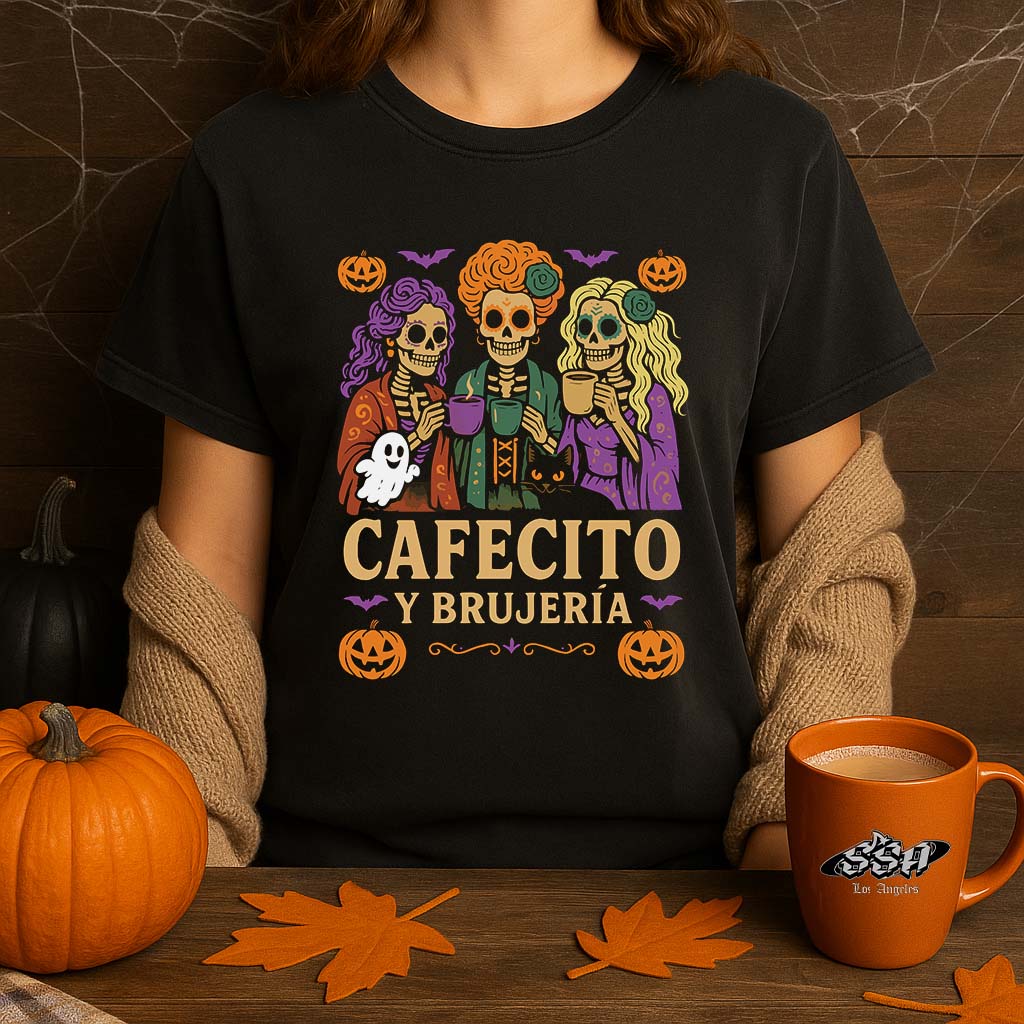 Cafecito y Brujería Halloween Shirt – Spooky Latina Witch Tee - Stonk Shark Co.