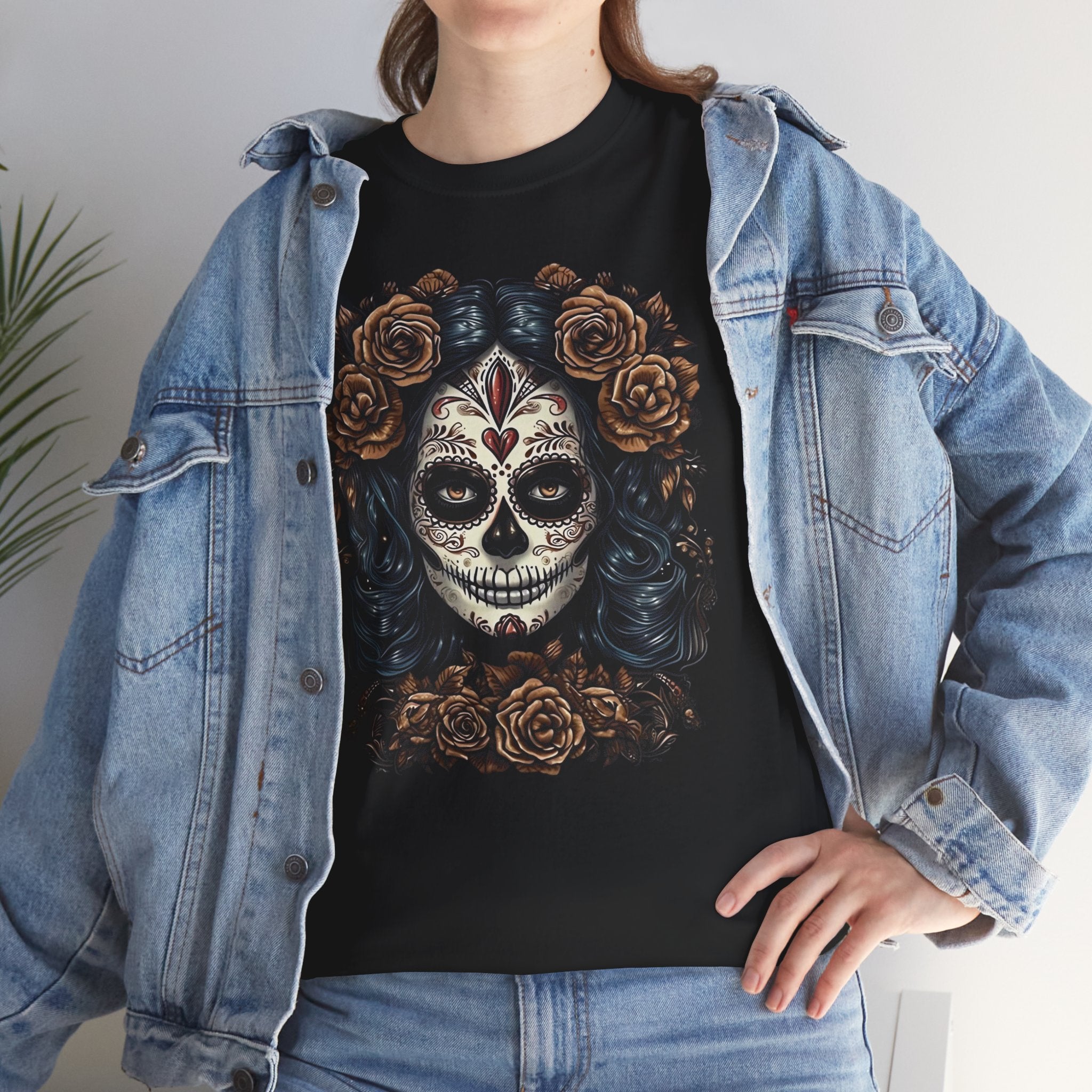 Catrina Día de los Muertos Shirt Skeleton Brown Flowers Day of the Dead Sugar Skull Women Unisex T Shirt - Stonk Shark Co.
