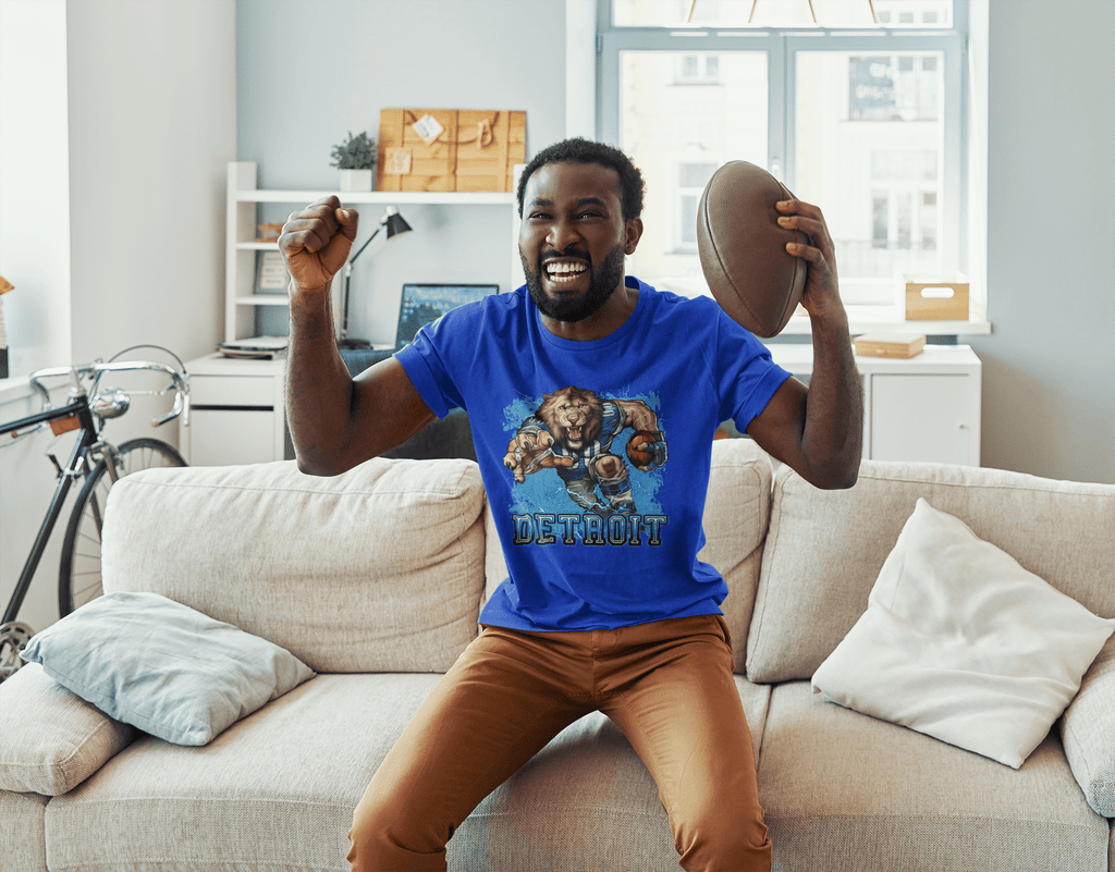 Detroit Football Mascot T-Shirt – Fun Cartoon Lion Fan Tee for Game Day - Stonk Shark Co.