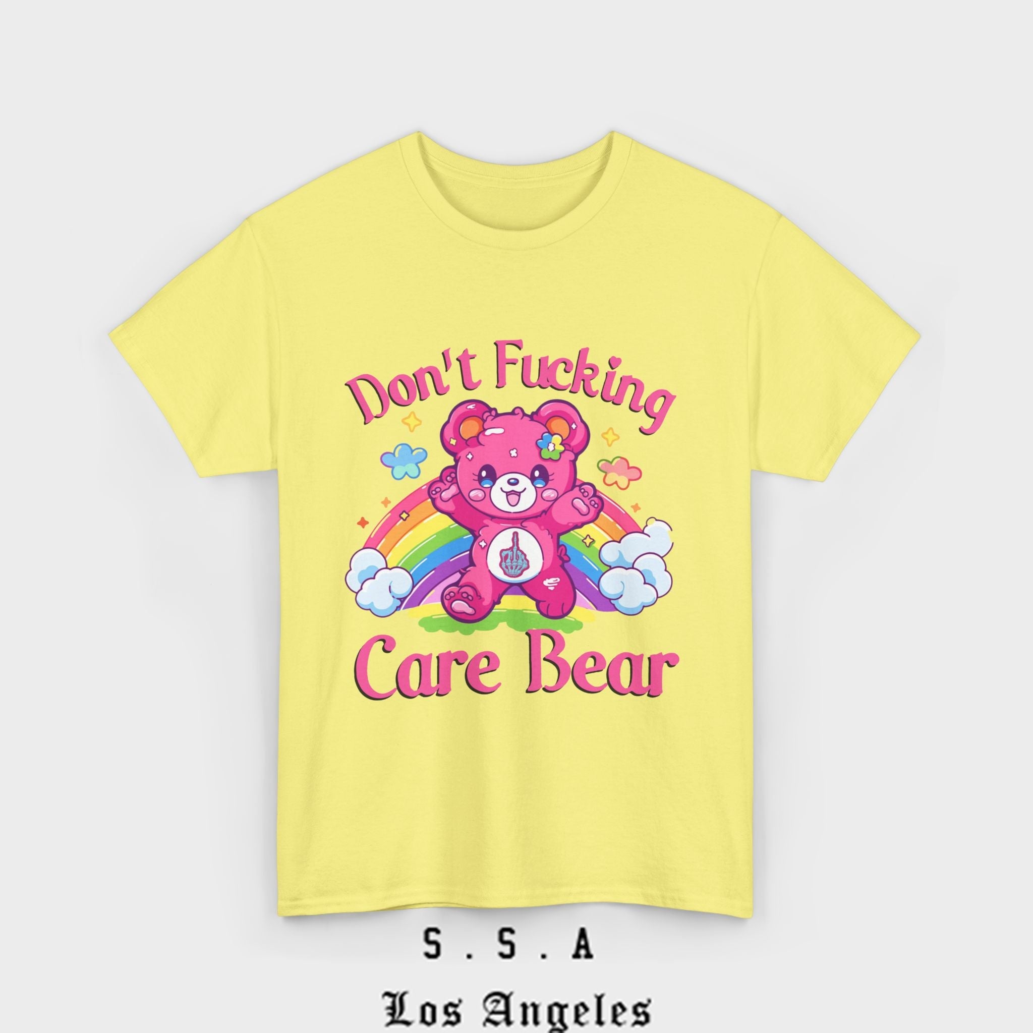 Don’t F***ing Care Bear T-Shirt – Funny Rainbow Graphic Tee - Stonk Shark Co.
