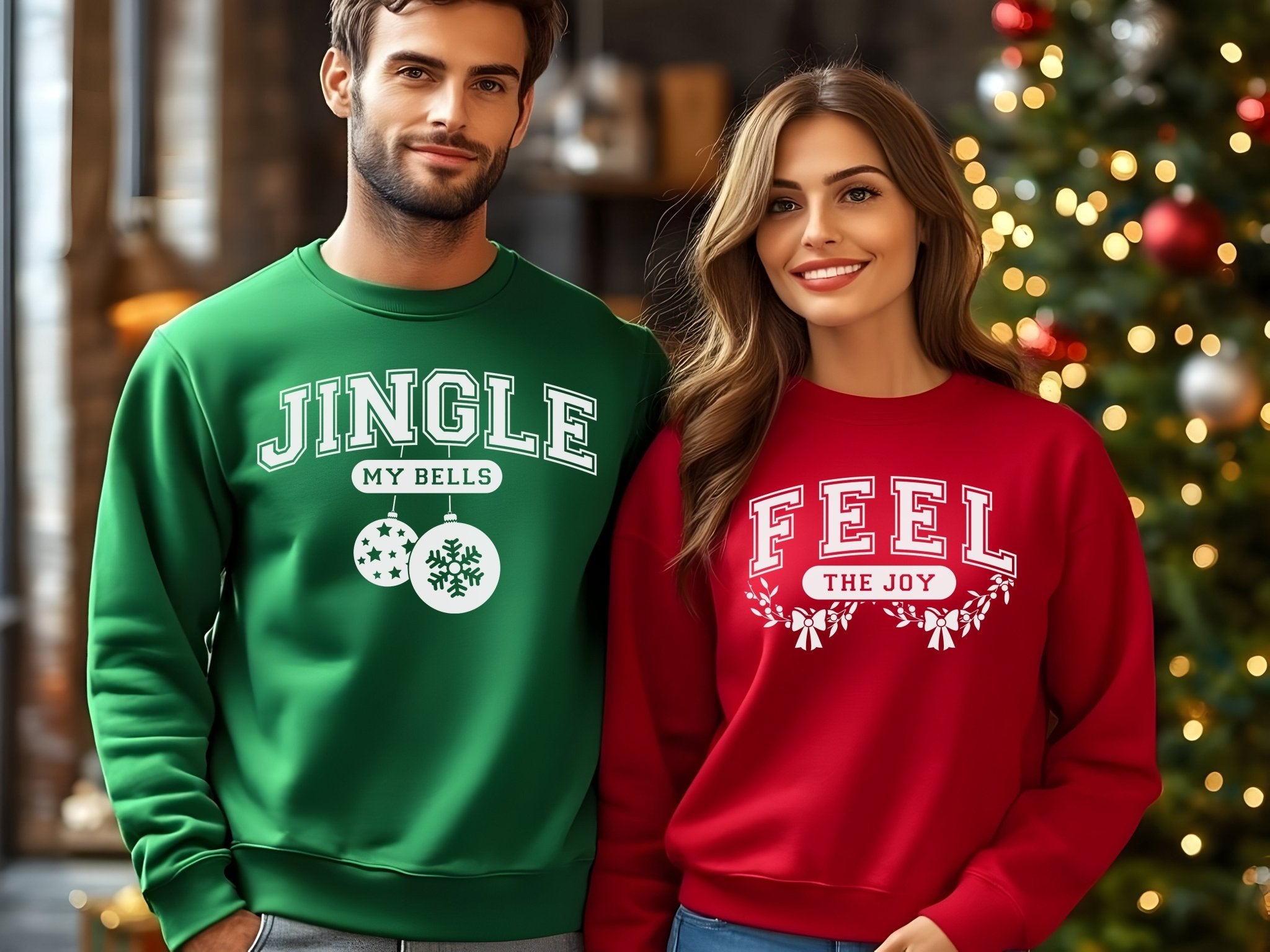 Feel The Joy & Jingle My Bells – Funny Couples Christmas Sweatshirt - Stonk Shark Co.