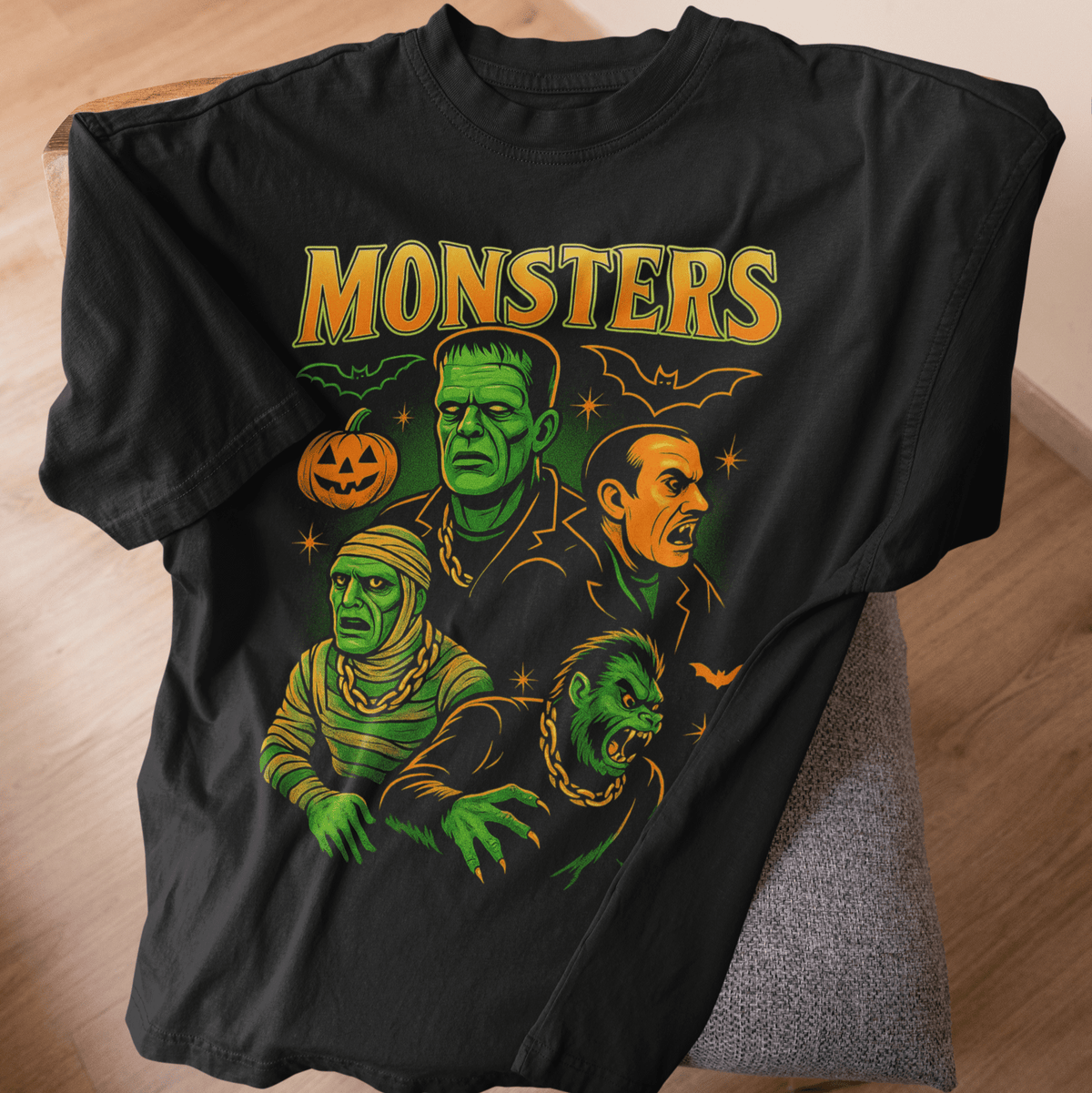 Halloween Monsters 90s Bootleg T-Shirt – Frankenstein, Dracula, Mummy & Werewolf Hip - Hop Style Tee - Stonk Shark Co.