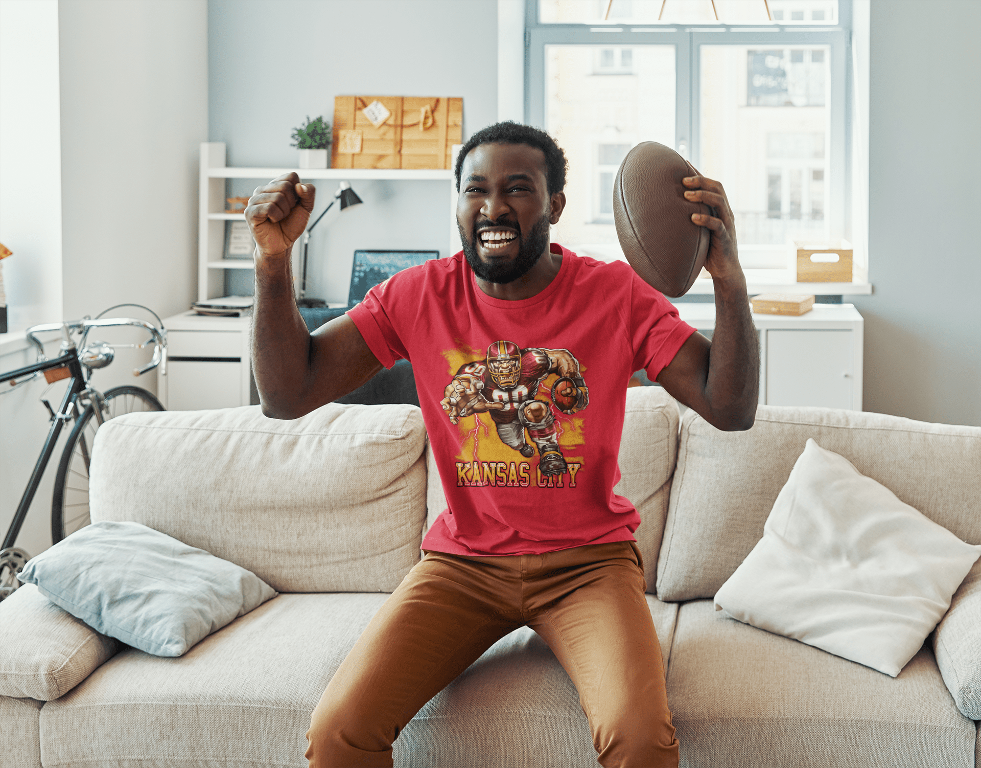Kansas City Football Mascot Shirt – Red & Gold Fans Game Day Tee - Stonk Shark Co.