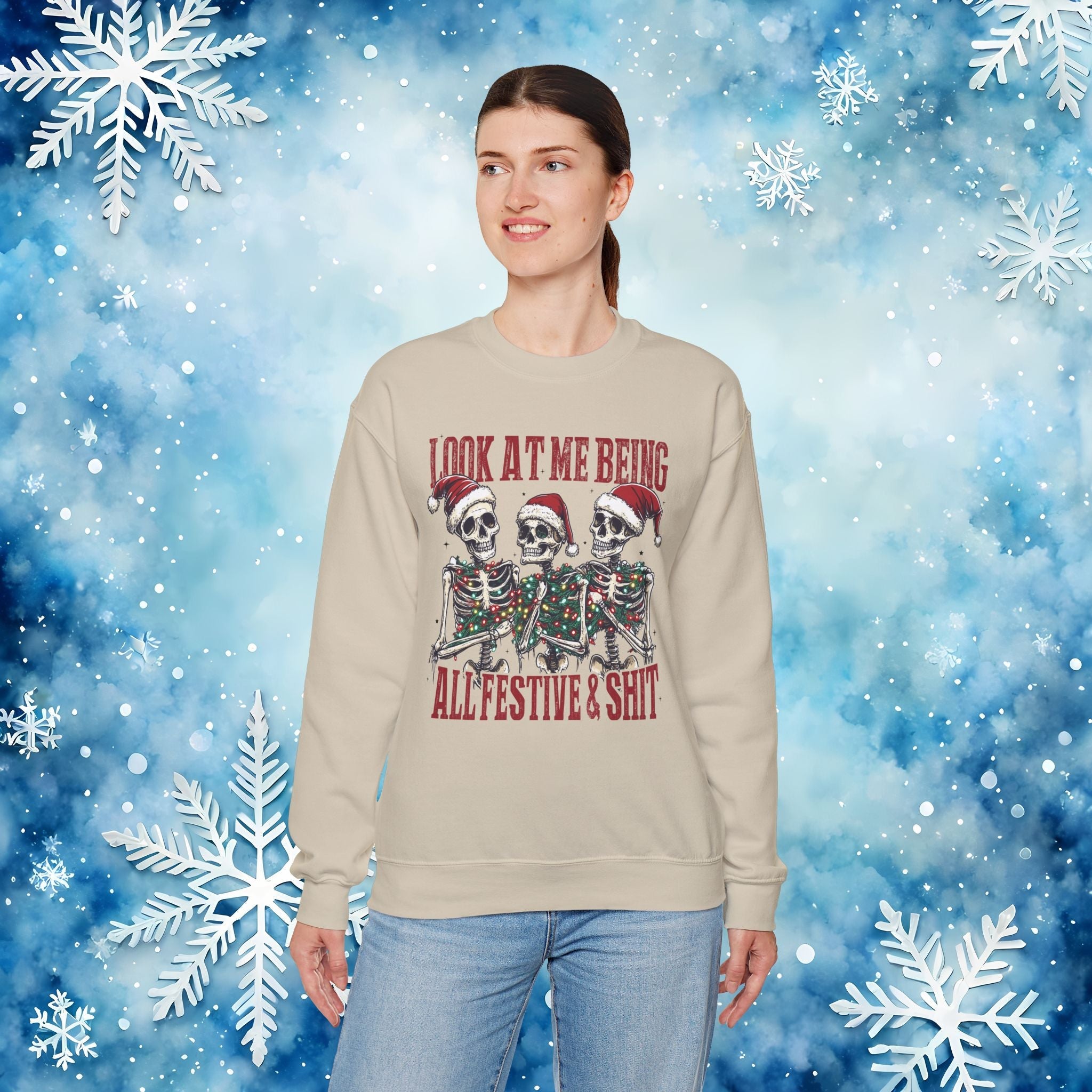 Look at Me All Festive and Sh*t Sweatshirt – Funny Christmas Skeleton Holiday Crewneck Xmas - Stonk Shark Co.