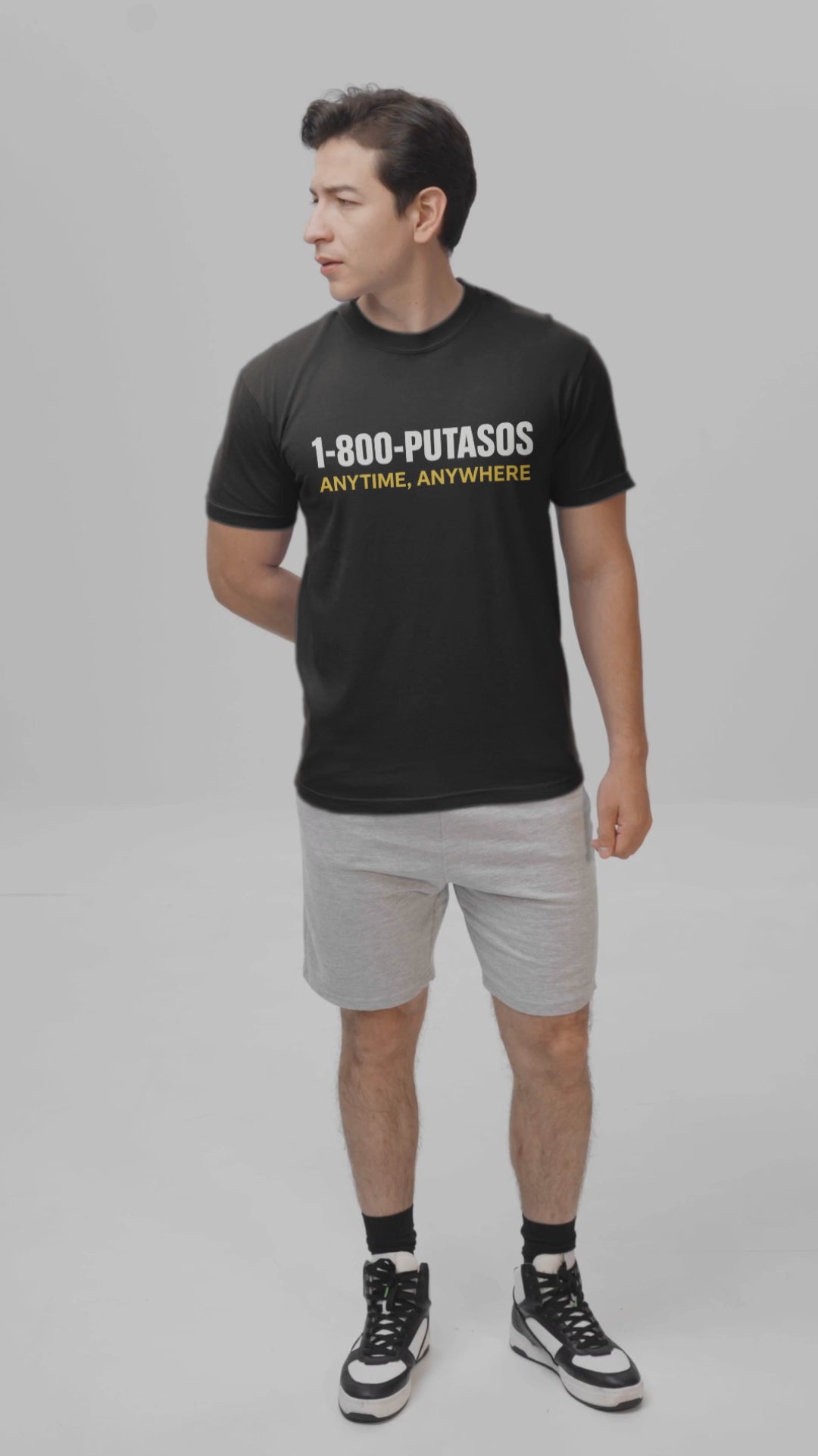 1-800-PUTASOS Funny Latino Graphic Tee – Chicano Humor “Anytime, Anywhere” Shirt