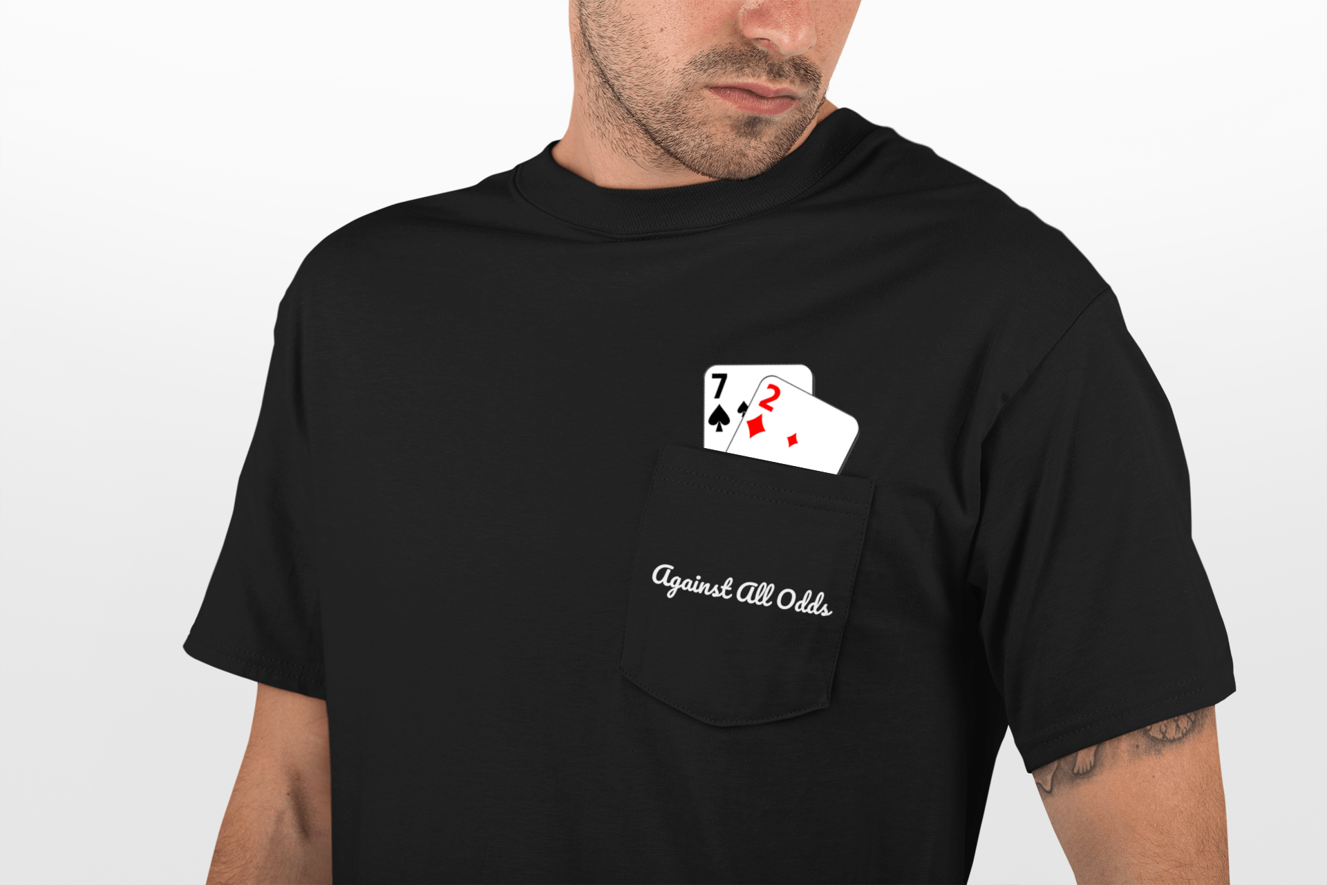 The Worst Hand in Poker Pocket T Shirt – 7 2 Offsuit “Against All Odds” Tee - Stonk Shark Co.