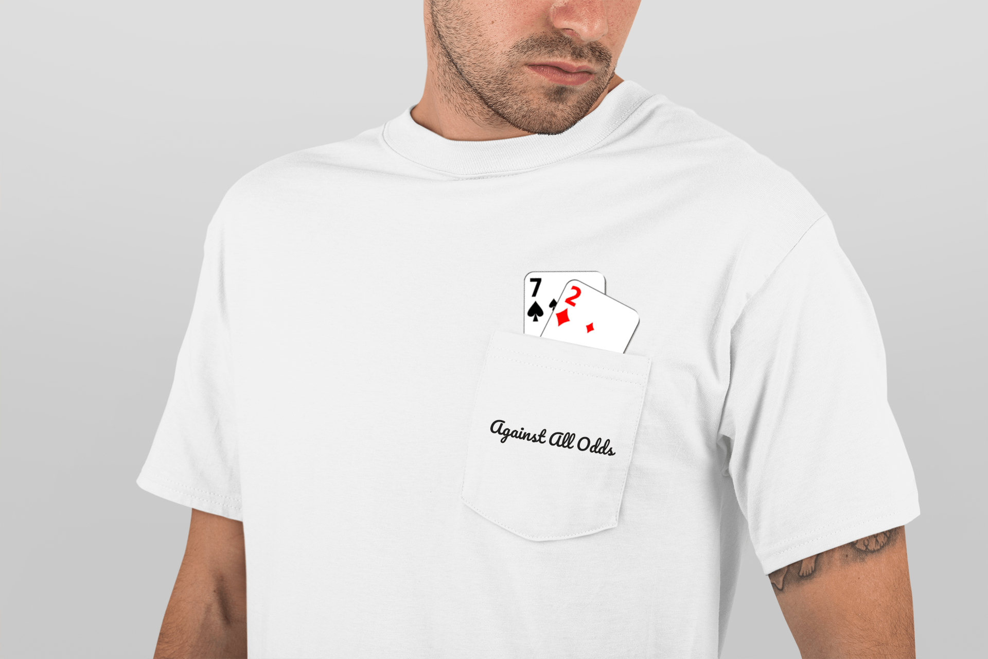 The Worst Hand in Poker Pocket T Shirt – 7 2 Offsuit “Against All Odds” Tee - Stonk Shark Co.