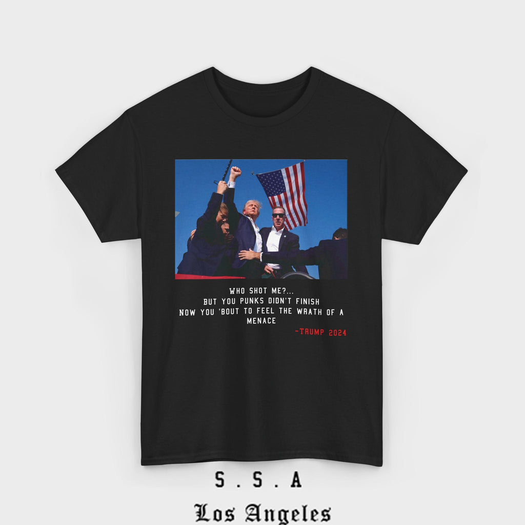 TRUMP - WHO SHOT ME? TEE - Stonk Shark Co.
