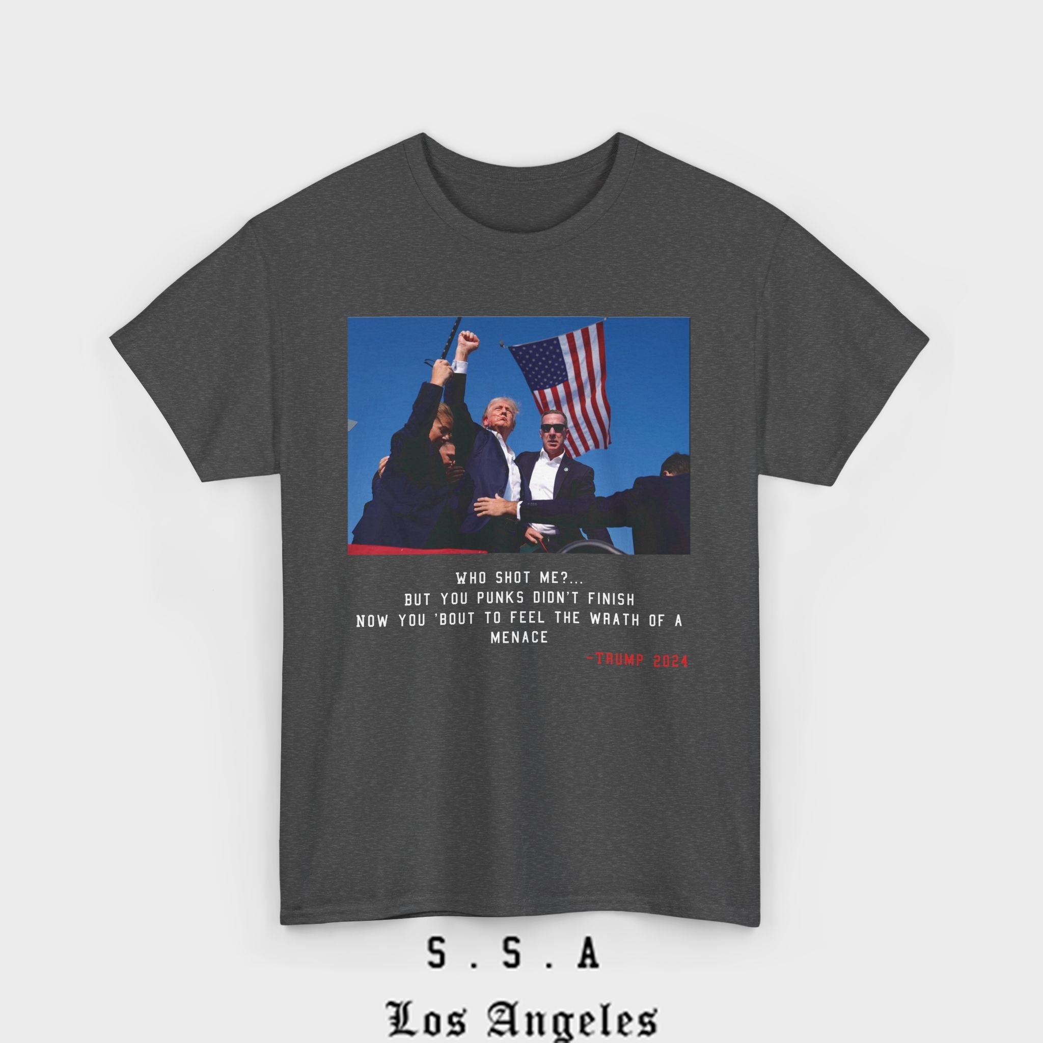 TRUMP - WHO SHOT ME? TEE - Stonk Shark Co.