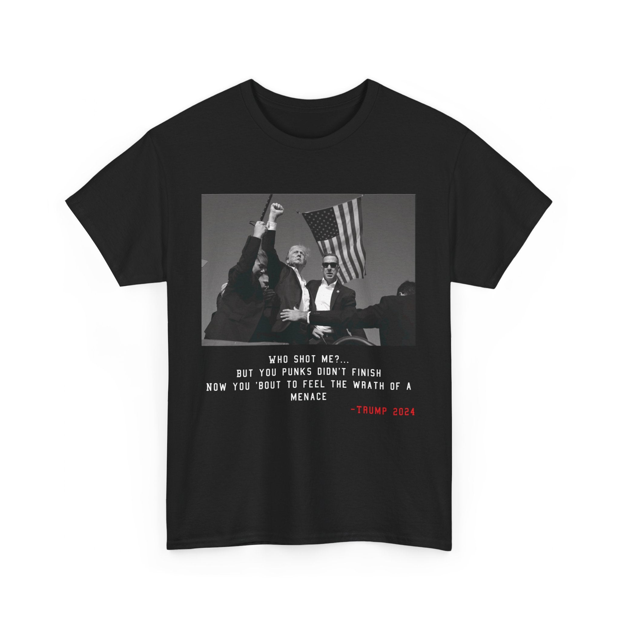 TRUMP - WHO SHOT ME? TEE BW - Stonk Shark Co.