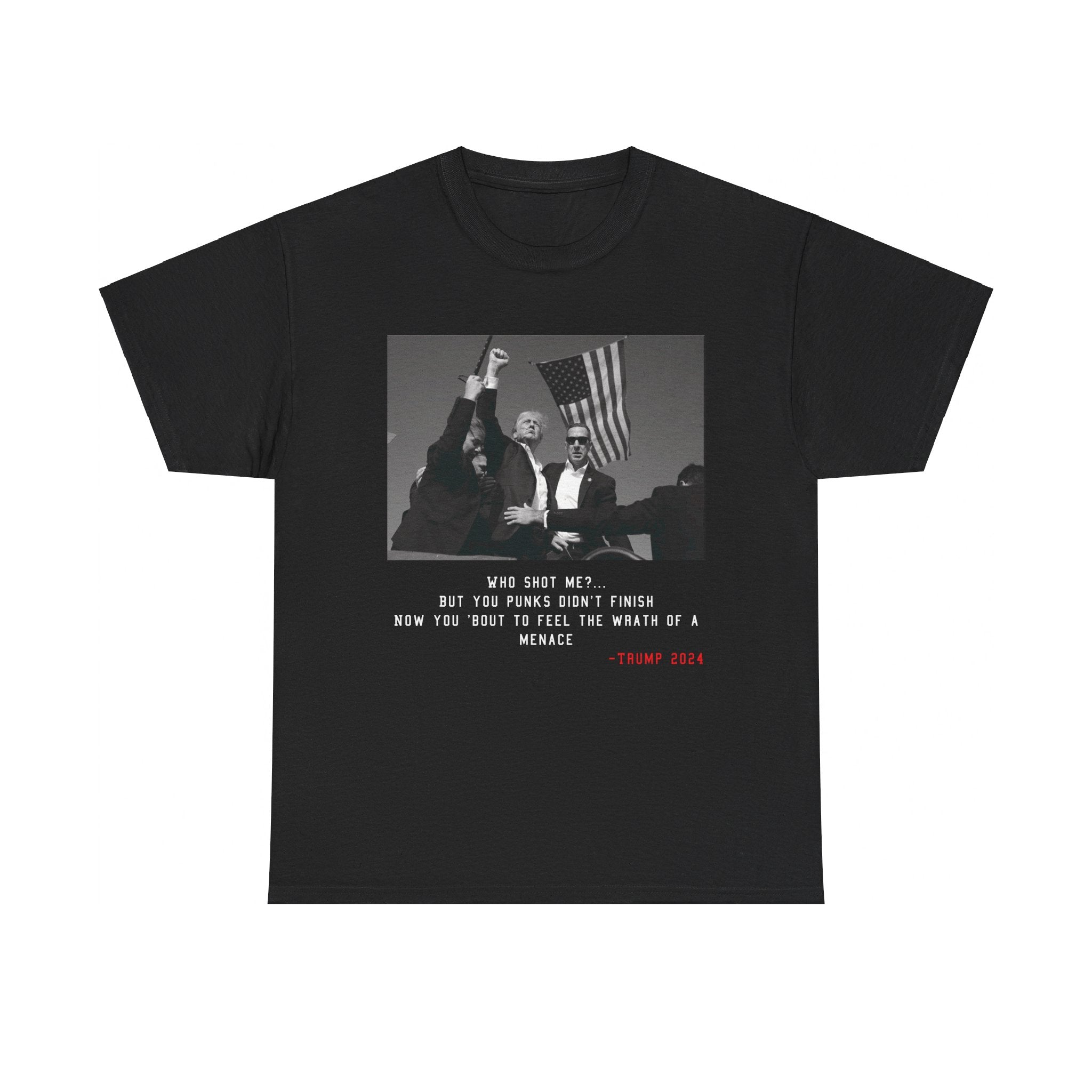 TRUMP - WHO SHOT ME? TEE BW - Stonk Shark Co.