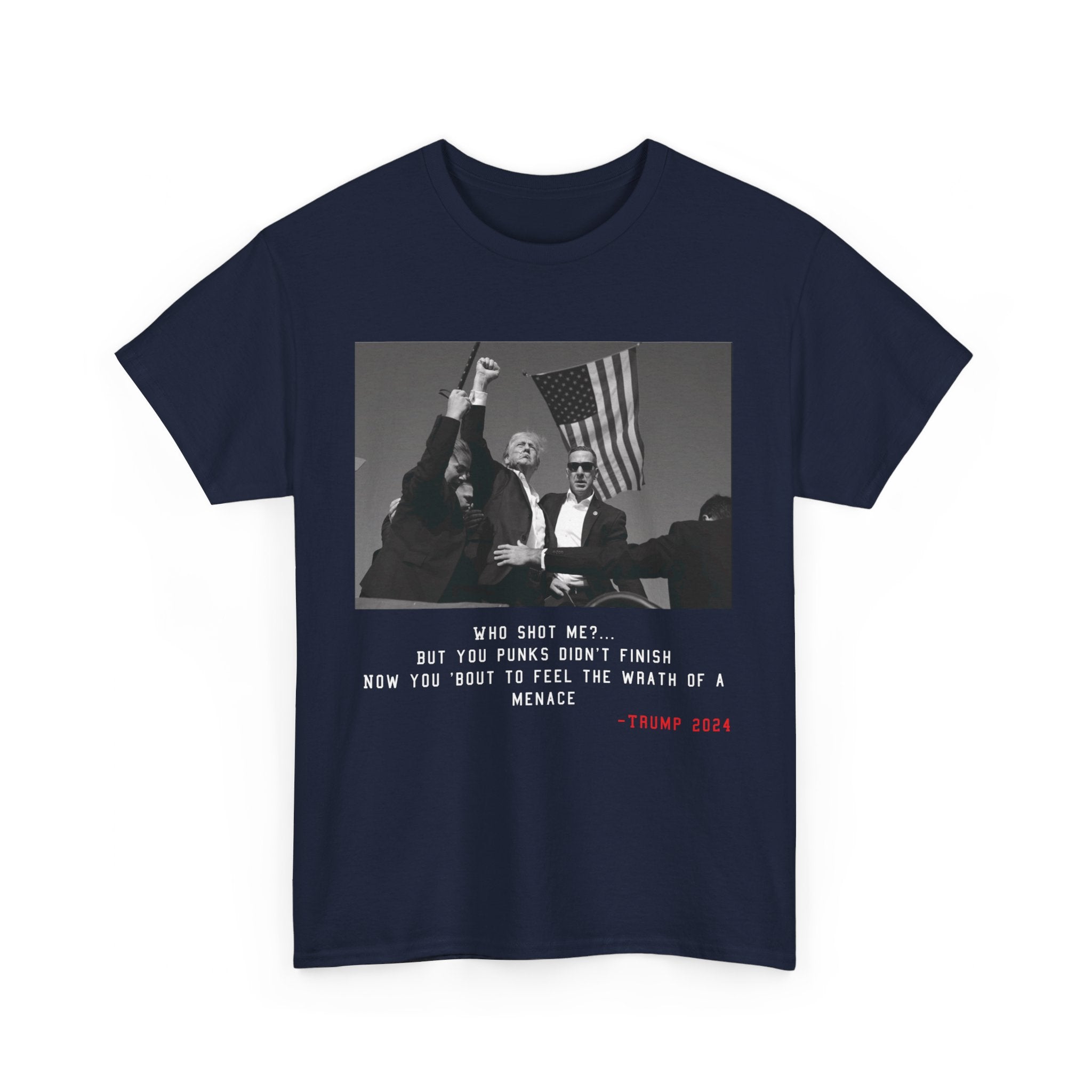 TRUMP - WHO SHOT ME? TEE BW - Stonk Shark Co.