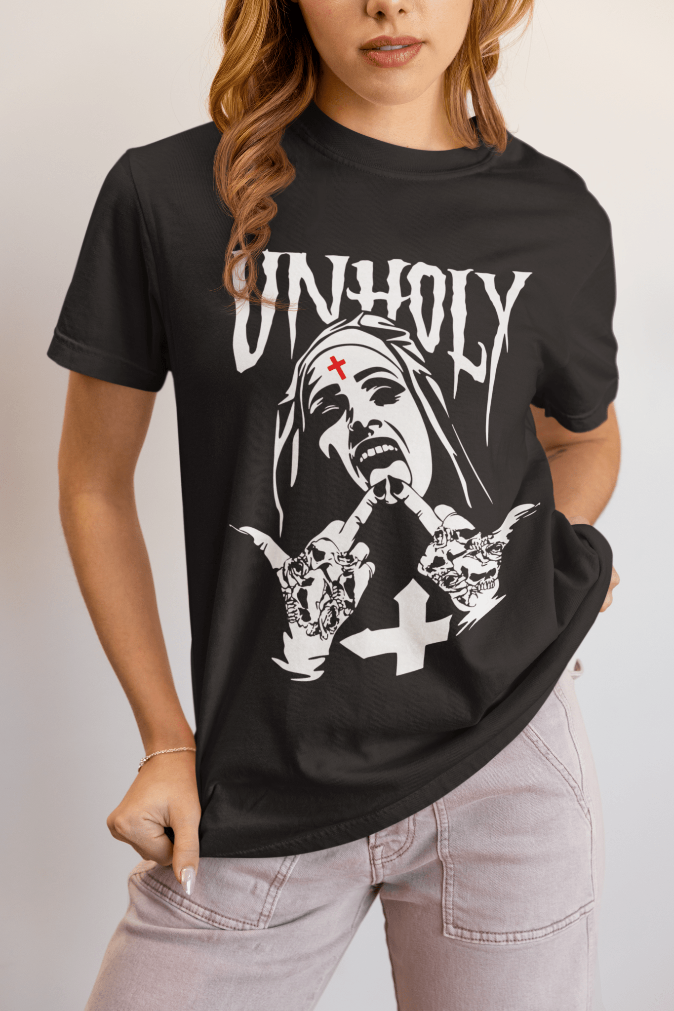Unholy Darkness Nun Graphic Tee – Dark Gothic Streetwear Shirt - Stonk Shark Co.