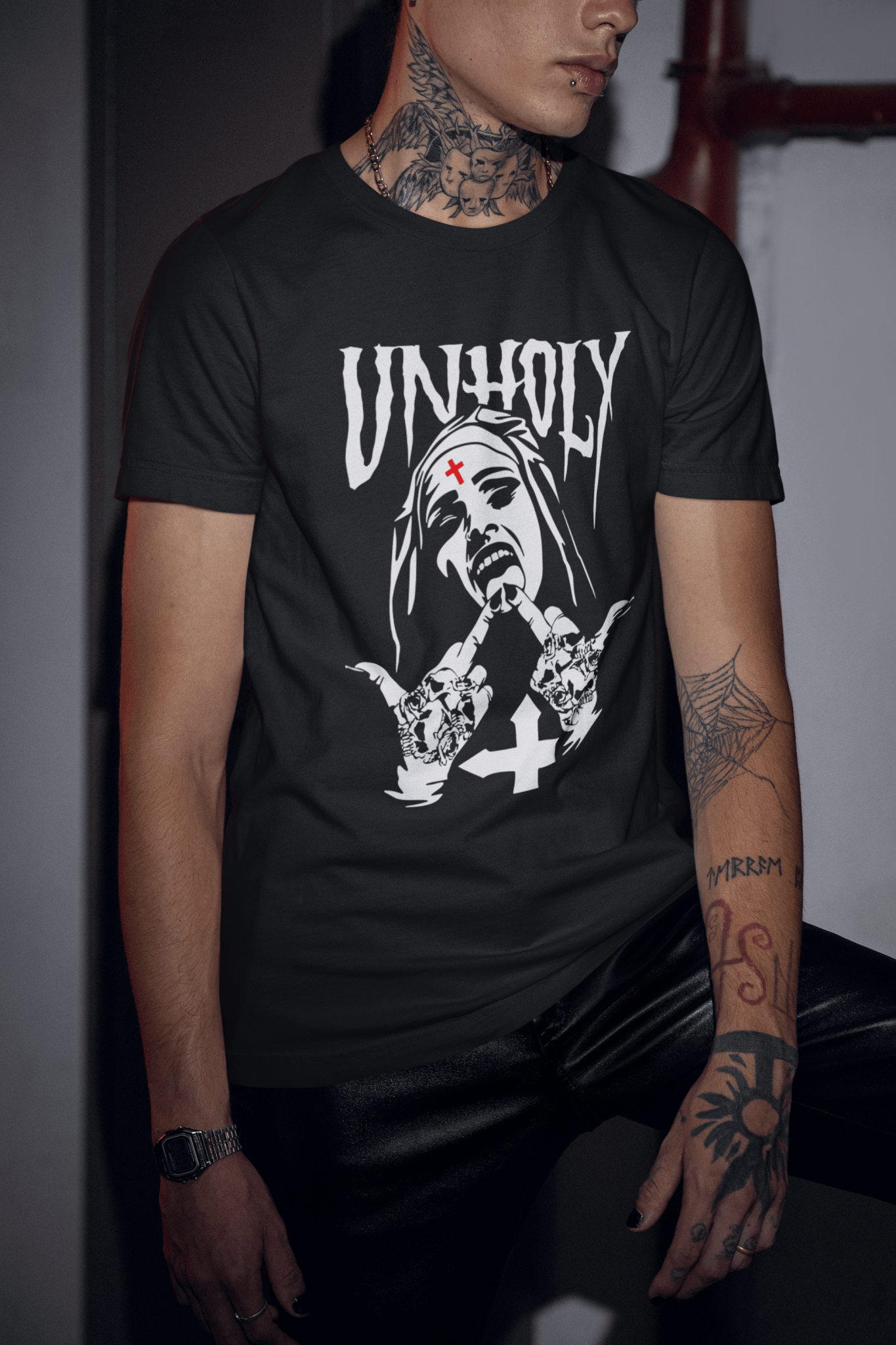 Unholy Darkness Nun Graphic Tee – Dark Gothic Streetwear Shirt - Stonk Shark Co.