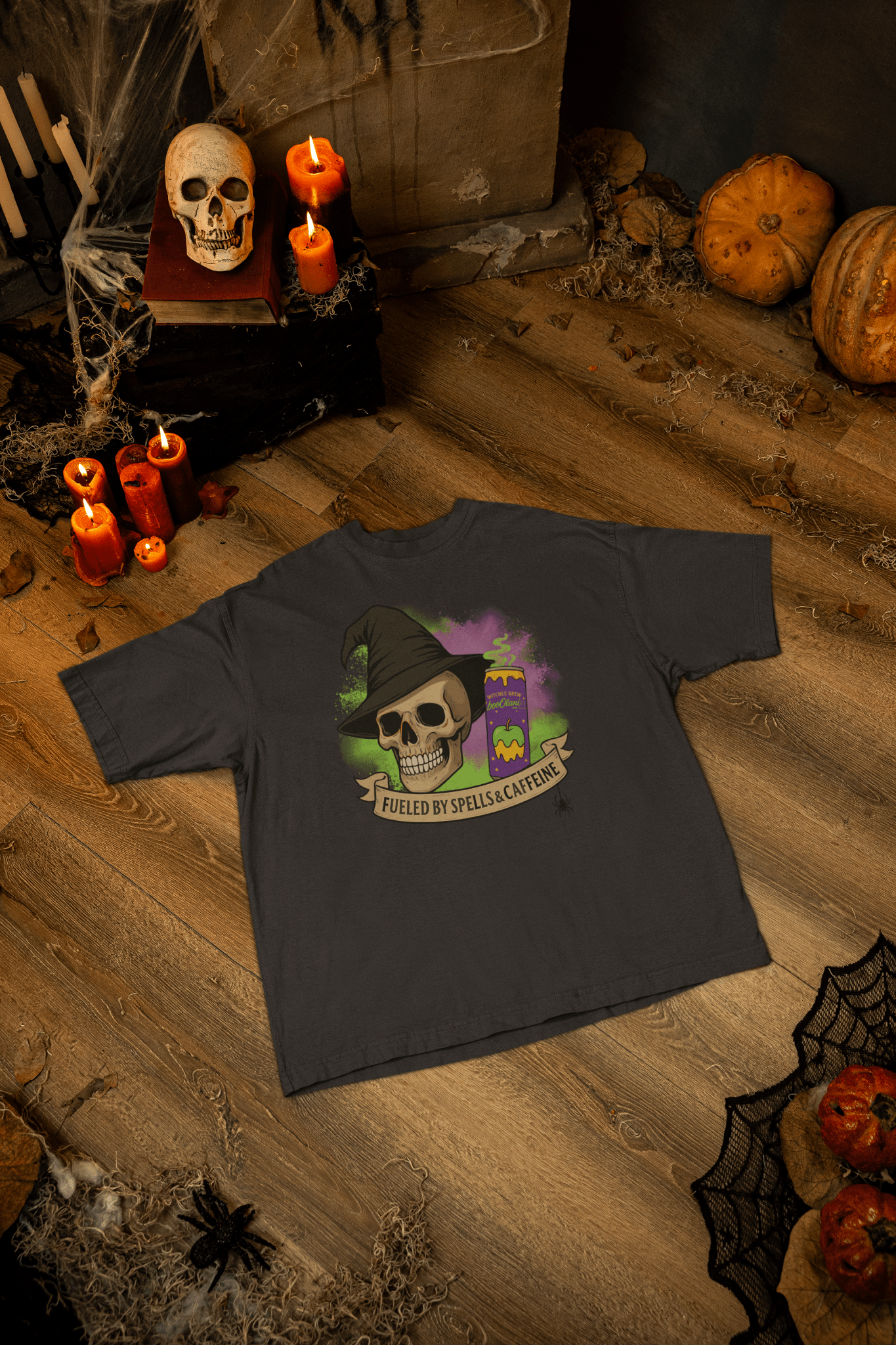 Witches' Brew Energy Skull Halloween Tee – Fueled by Spells & Caffeine - Stonk Shark Co.