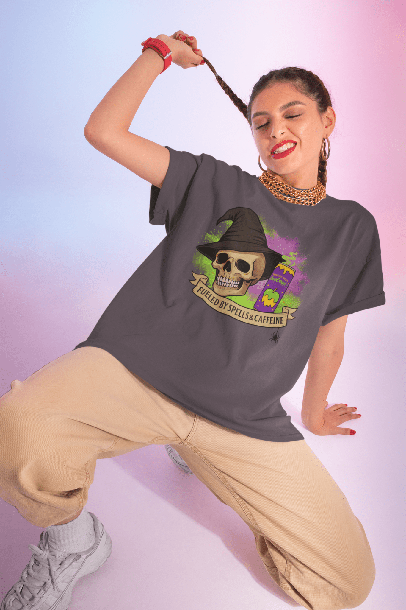 Witches' Brew Energy Skull Halloween Tee – Fueled by Spells & Caffeine - Stonk Shark Co.